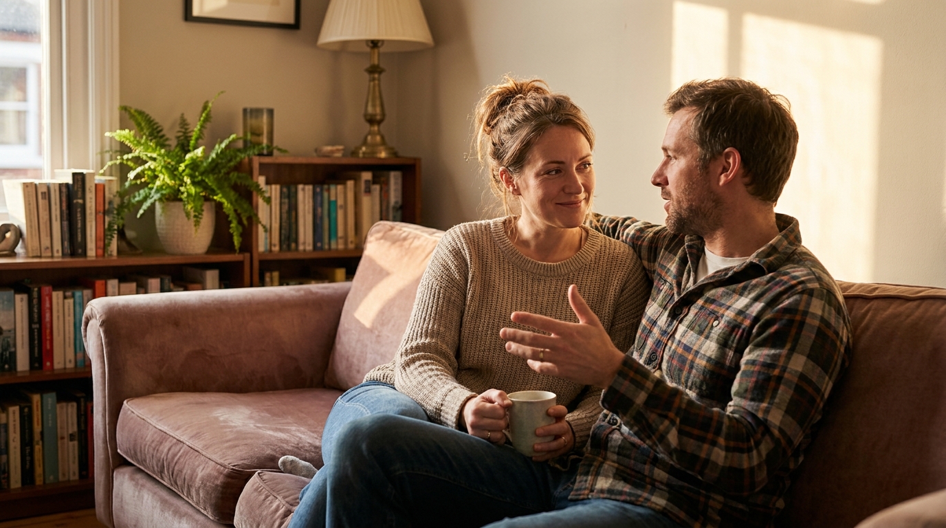 A long-term couple sitting close in warm afternoon light, looking at each other mid-conversation